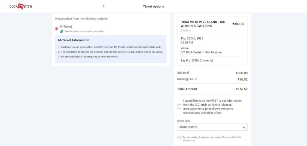 Agree to the Terms to go for Payment on Bookmyshow