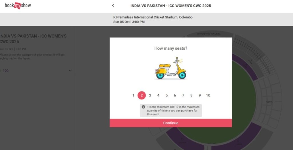 BookMyShow Select the number of tickets purchase