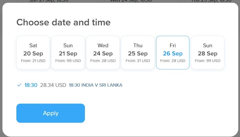  Find and select the India vs Sri Lanka match on Friday, 26 Sep at 18:30
