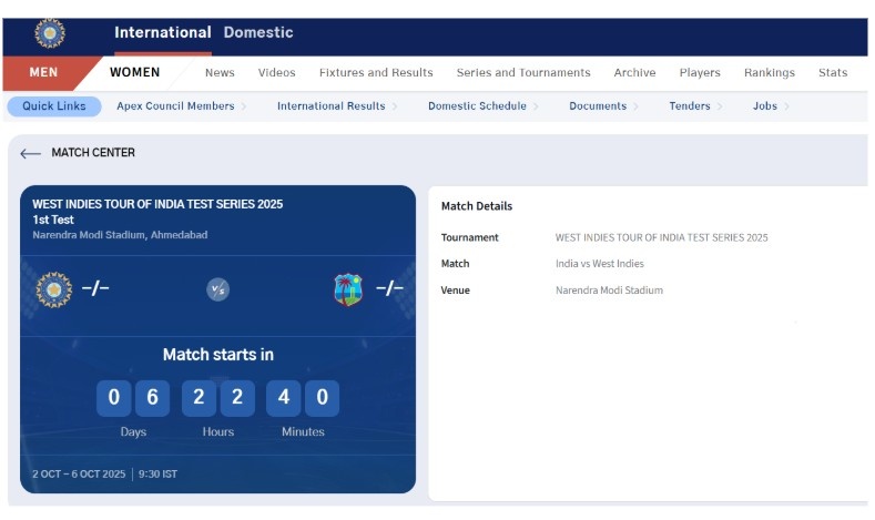 India Vs West Indies- fixture details