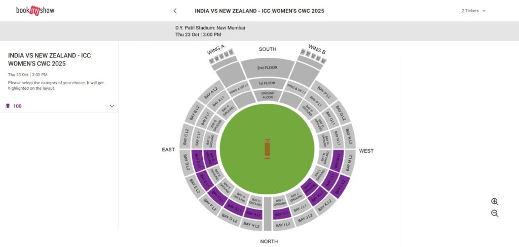 Select Seats For the Match of  India vs New Zealand Women