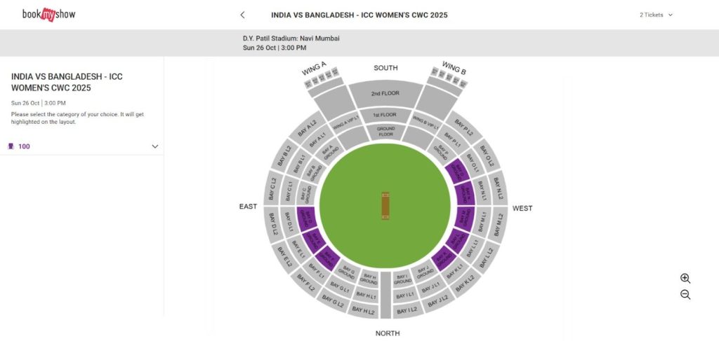 Select the Seats For India Women vs Bangladesh Women Match