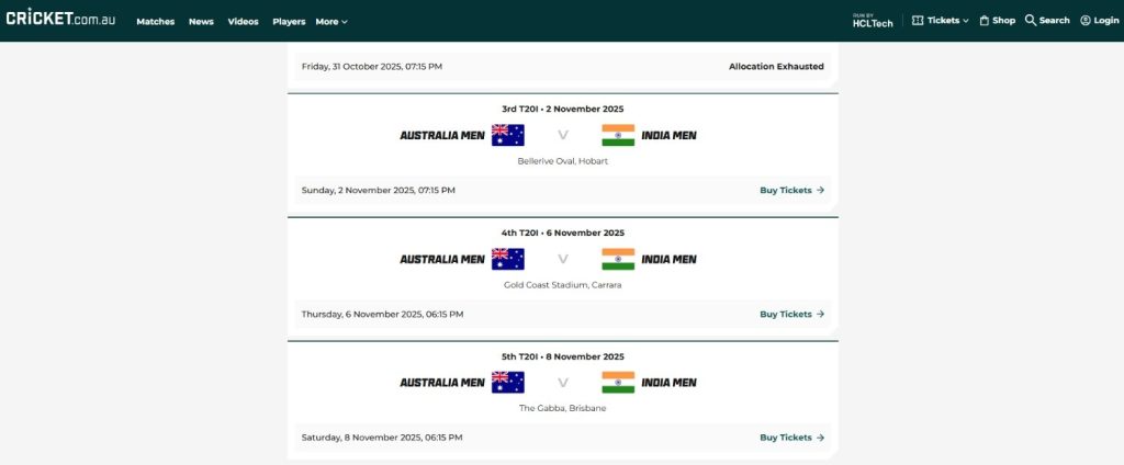 India Tour of Australia 2025 T20I Tickets India Tour of Australia 2025 T20I Tickets