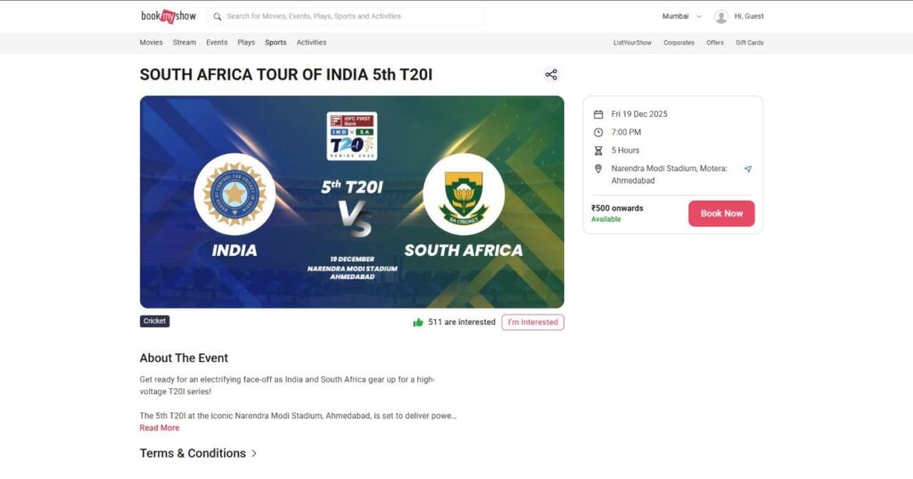 India vs South Africa T20I 2025 Tickets on Bookmyshow India vs South Africa T20I 2025 Tickets on Bookmyshow
